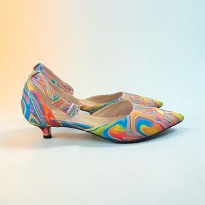 Women's Multicolor Swirl Pointed-Toe Kitten Heel Pumps